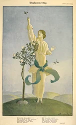 Rysunek do wiersza „Vorsommertag”: .Rysunek do wiersza „Vorsommertag”. Kobieta sięgająca po motyla.