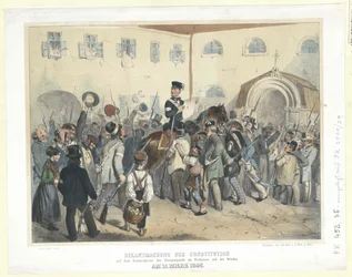 Proklamacja konstytucji w miejscu zebrań Gwardii Narodowej w Wolnym Domu (Freihaus) na Wiedniu 15 marca 1848 r. (litografia kolorowana)