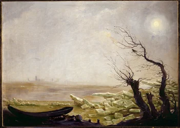 Łódź złapana w kry lodowe (olej na płótnie)