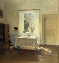 Kobieta siedząca przy stole obok okna, ok. 1900
