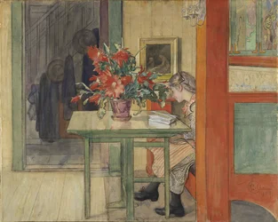 Lisbeth lisant - Lisbeth Reading, Larsson, Carl (1853-1919). Akwarela i tempera na papierze