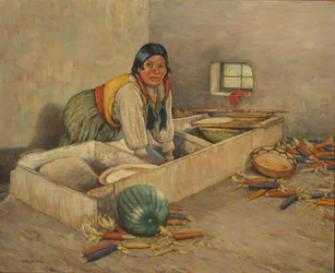 Kobieta Hopi mieląca kukurydzę