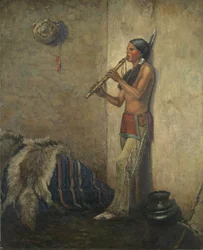 Indianin z fletem (olej na płótnie)