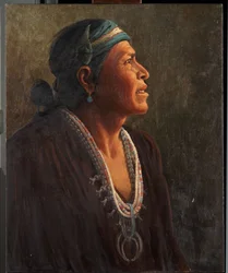 Ta-otza-begaj, zwany także Meguelito, Navajo Medicine Man (olej na płótnie zamontowany na panelu)