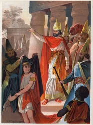 Na znaku Sarastra ksiądz rozkłada duże czarne żagle na księciu Tamino i księżniczce Paminie Ilustracja Carla Offterdingera (1829-1889) w „Zaczarowanym flecie” (Die Zauberflote, flauto magico, Czarodziejski flet). Prywatna kolekcja.