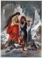 Książę Tamino i księżniczka Pamina bez lęku przeszli przez płynące wodne pnie, a książę nadal grał na flecie. Ilustracja Carla Offterdingera (1829-1889) w „Czarodziejskim flecie”. (Die Zauberflöte, flauto magico, The Magic Flute) Pri