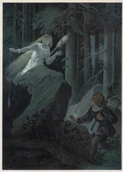 Opłata uciekająca ze złotym wrzecionem śpiewała losy złotego guzika. Ilustracja Carla Offterdingera (1829-1889) w „”Bouton d