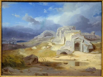 Grobowiec Archimedesa w Syrakuzach. Obraz Carla Rottmanna (1798-1850), szkoła niemiecka.