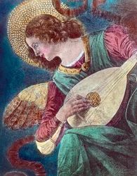 Anioł Muzykant. Fragment fresku włoskiego malarza renesansowego Melozzo da Forli, znanego również jako Michelozzo degli Ambrogi (1438 - 1494), namalowanego około 1480 roku. Data obrazu: około 1900 roku. Archiwum Carla Simona
