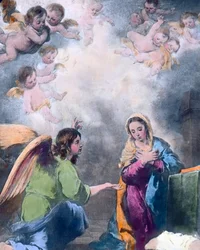 Zwiastowanie. Obraz namalowany przez hiszpańskiego malarza barokowego Bartolome Esteban Murillo (1617 - 1682) w 1655 roku. Data powstania obrazu: około 1910 roku. Archiwum Carla Simona