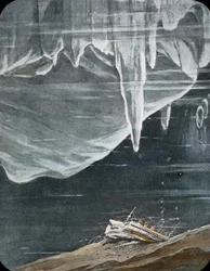 Dziewiczy rejs Titanica 1912, katastrofa Titanica, ilustracja, zatonięcie Titanica, historia, historyczny, ilustracja, Carl Simon, ręcznie kolorowany szklany slajd