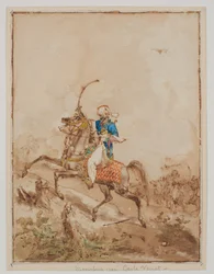 Arab na szarżującym koniu (akwarela, pędzel, brązowy pył, pióro i brązowy tusz)