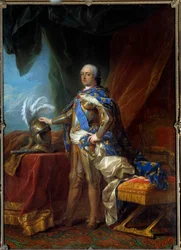 Portret u stóp Ludwika XV (1710 - 1774) króla Francji. Malowanie warsztatu Carle Van Loo (1705 - 1765)