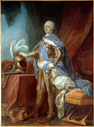 Portret u stóp Ludwika XV (1710-1774), w zbroi, ręka umieszczona na hełmie. Obraz Carle Van Loo (1705-1765), olej na płótnie (271 x 193 cm)