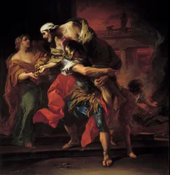 Wojna w Troy: „”Aeneas Carrying Anchises”” Obraz autorstwa Charlesa Andre (lub Carle) van Loo (1705-1765) Sun. 1,1x1,05m