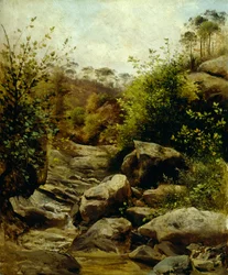 Widok Scopetiego przez skały, Carlo Ademollo (1824-1911), olej na tekturze przeniesiony na karton, 33x28 cm