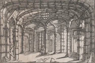 Wnętrze więzienia, w którym siedzi kobieta, ok. 1680-1710.