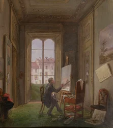 Malarz Giuseppe Canella przy pracy na płótnie w swojej pracowni, ok. 1830