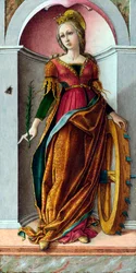 ""Święta Katarzyna Aleksandryjska"" (Święta Katarzyna Aleksandryjska) Obraz Carlo Crivelli (ok. 1435-ok. 1495) ok. 1492 - Tempera na desce Dim 38x19 cm National Gallery, Londyn