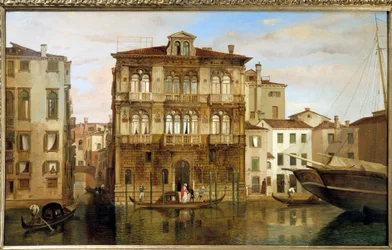 Maria Taglioni w gondoli przed swoim budynkiem w Wenecji, autorstwa Carlo Ferrari (1813-1871)