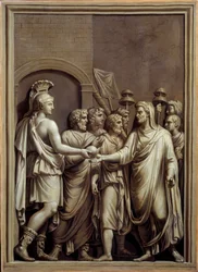 Starożytny Rzym: wojownik i mężczyzna w todze wymieniający kulę. Obraz Carlo Labruzzi (1748-1818) na podstawie płaskorzeźby rzymskiej. Brześć. Muzeum Sztuk Pięknych