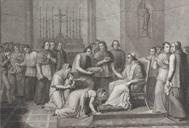 Kobieta klęka, by ucałować stopę papieża Piusa VII, z tłumem za nią po lewej, 1814-50