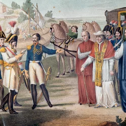 Papież Pius VII (Pio) (1742-1823) został aresztowany po powrocie do Włoch przez armię austro-neapolitańską pod Parmą 25 marca 1814 r. - Grawerowanie autorstwa Carlo Lasinio (1759-1838) - Litografia kolorowa (aresztowanie papieża Piusa VII (1742-1823) po po