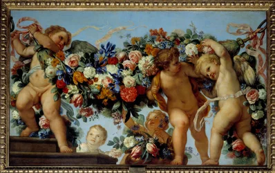 Miłość i girlandy kwiatów Malarstwo Carlo Maratta (1625-1713) XVII-wieczne słońce. 1,06x1,73 m²