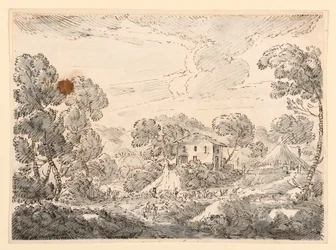 Rysunek, Mieszkanie chłopskie w wiejskiej okolicy, 1750-1770