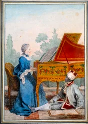 Portret Mademoiselle Desgots of Saint Domingue przy klawesynie i jej niewolnika Laurent Watercolor autorstwa Louis Carrogis Carmontelle