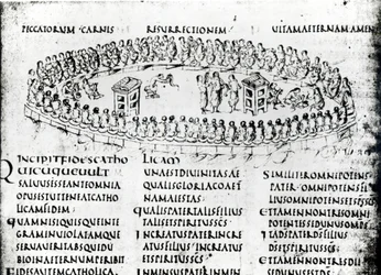 Ilustracja przedstawiająca scenę z jednego z Psalmów, z Psałterza Utrechckiego, kopia oryginału z Reims obecnie w Bibliotece Uniwersyteckiej w Utrechcie (pióro i atrament)