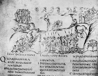 Ilustracja przedstawiająca różne sceny z jednego z Psalmów, z Psałterza Utrechckiego, kopia oryginału z Reims obecnie w Bibliotece Uniwersyteckiej w Utrechcie (pióro i atrament)