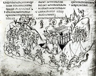Różne sceny ilustrujące psalm, z Psałterza utrechckiego, kopia oryginału z Reims, obecnie w Bibliotece Uniwersytetu w Utrechcie