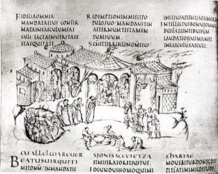 Różne sceny ilustrujące psalm z Psałterza Utrechckiego, kopia oryginału z Reims obecnie w Bibliotece Uniwersyteckiej w Utrechcie (pióro i atrament)