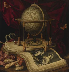 Martwa natura Vanitas z ziemskim globusem, książką, muszlami, wężem i motylami