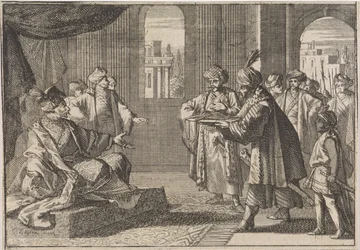 Guei-tschun, premier za cesarza Chongzhena, przynosi jedwabny sznur do powieszenia się, 1643