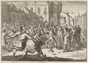 W Gdańsku lud wita procesja kamiennymi schodami, 1678