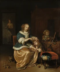 Wnętrze z matką czeszącą włosy dziecka, znane jako „Maternal Care”, 1669