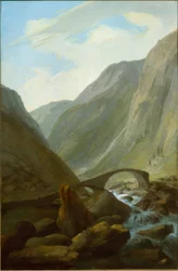 Alpejska dolina z kamiennym mostem