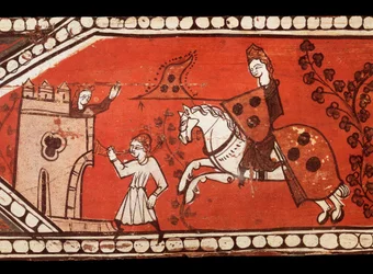 Rycerze noszą flagi: rycerz, księżniczka i heraut. Tempera na drewnie z dekoracji dachu. 13 wiek.