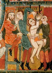 Męczeństwo św. Małgorzaty, torturowana, a następnie ścięta, detal (tempera na drewnie)