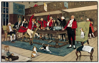 Śniadanie myśliwego. Wracając z polowania, myśliwi opowiadają o swoich wyczynach. Grawerowanie: Cecil Aldin (1870 -? ), anglia. Dz. Udać się.