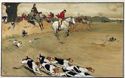 Scena polowania, wataha szczekanie psów po akwareli Cecila Aldina (1870-1935) XIX-wieczna kolekcja prywatna