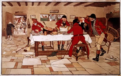 Przekąska z trzech gołębi. Myśliwi gotują i szybko jedzą przed wyjazdem na polowanie. Grawerowanie: Cecil Aldin (1870 -? ), anglia. Dz. Sprawa