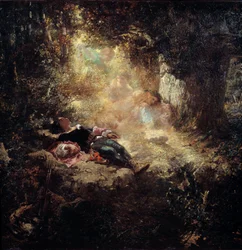Promień słońca Młodzi ludzie śpiący w prześwicie. Obraz Celestina Nanteuila (1813-1873)