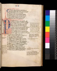 Ms 325. Lucan, Bellum Civile i inne dzieła, f.35r. Rozcięty inicjał [P] w kolorze czerwonym i niebieskim z kontrastowym zawijasem pióra, ok. 1353 (pergamin)