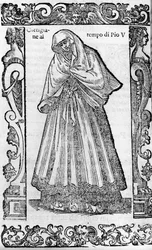 Renesans: kurtyzana w czasach papieża Piusa V (1566-1572). Grawer z „”Nowoczesnych i starożytnych kostiumów”” Cesare Vecellio