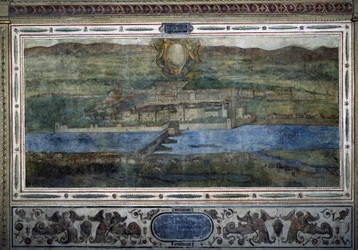Widok na miasto Innsbruck, Austria. Widok na miasta Imperium Habsburgów. Fresk na dworze Michelozzo w Palazzo Vecchio we Florencji. Malarstwo Sebastiano Veronese, Giovanni Lombardi, Cesare Baglioni i Turino da Piamonte, około 1565 r. Rozmiar