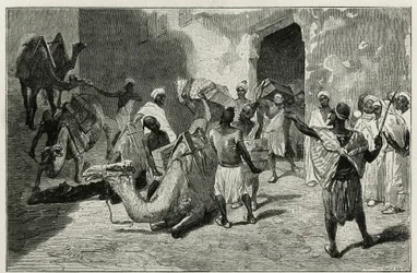 Załadunek wielbłądów z karawany autora opowieści, Atangera, rycina Biseo, ilustrująca opowiadanie Le Maroc Edmondo de Amicis, w 1875 roku, opublikowane w tour du monde, pod kierunkiem Edouarda Chartona