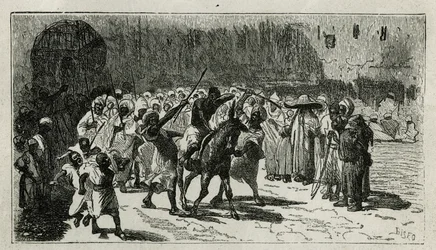 pogawędka złodzieja, wspina się na mule, otrzymuje pałki pod barwami tłumu, rycina C. Biseo, dla zilustrowania opowiadania Le Maroc Edmondo de Amicis, w 1875 roku, opublikowanego w tour du monde, pod reżyseria Edouarda Chartona